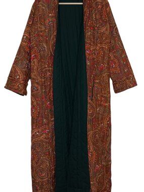 Vintage Handmade Reversible Coat Women M Quilted Green Brown Paisley Kimono